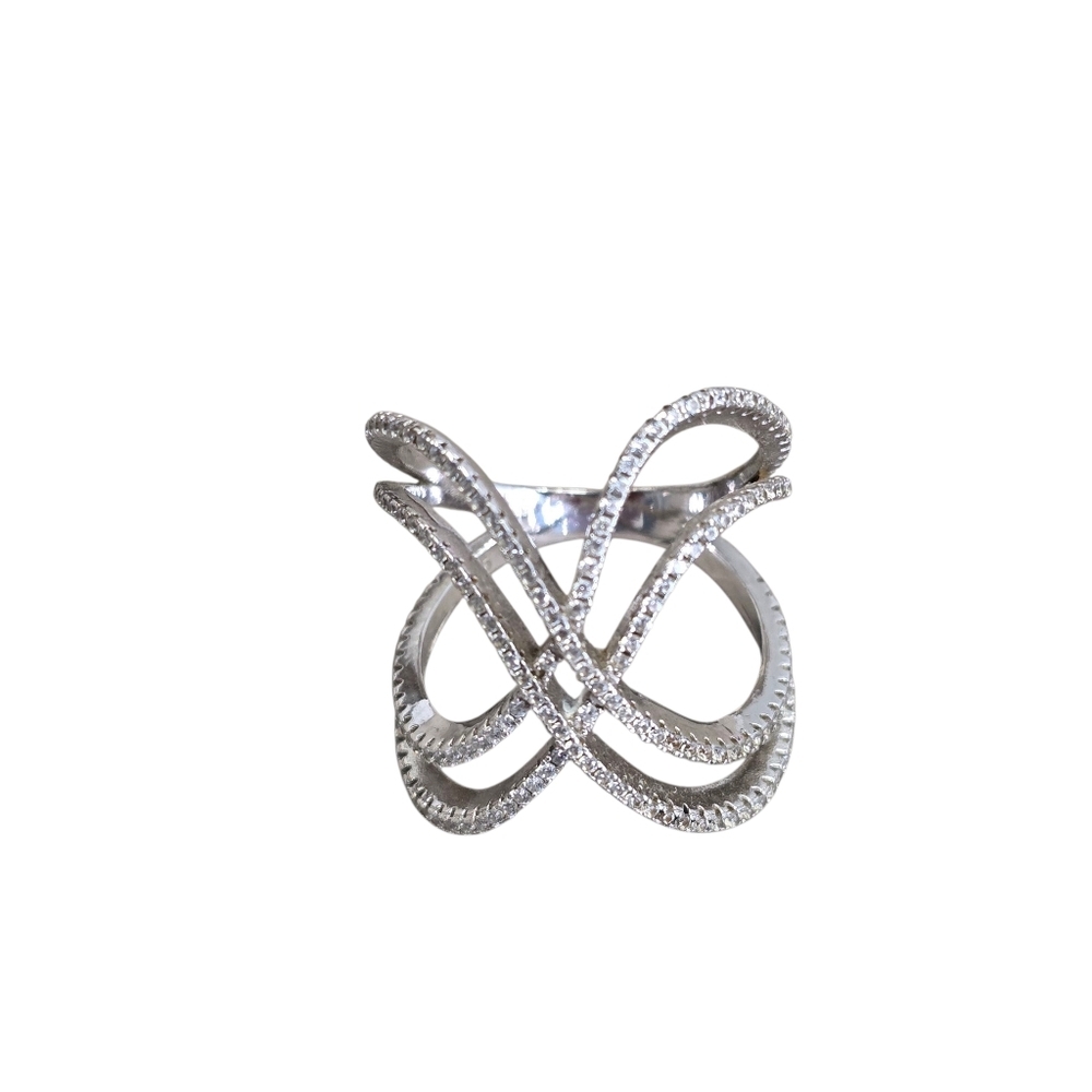 Silver crossover ring with cubic zirconia studs